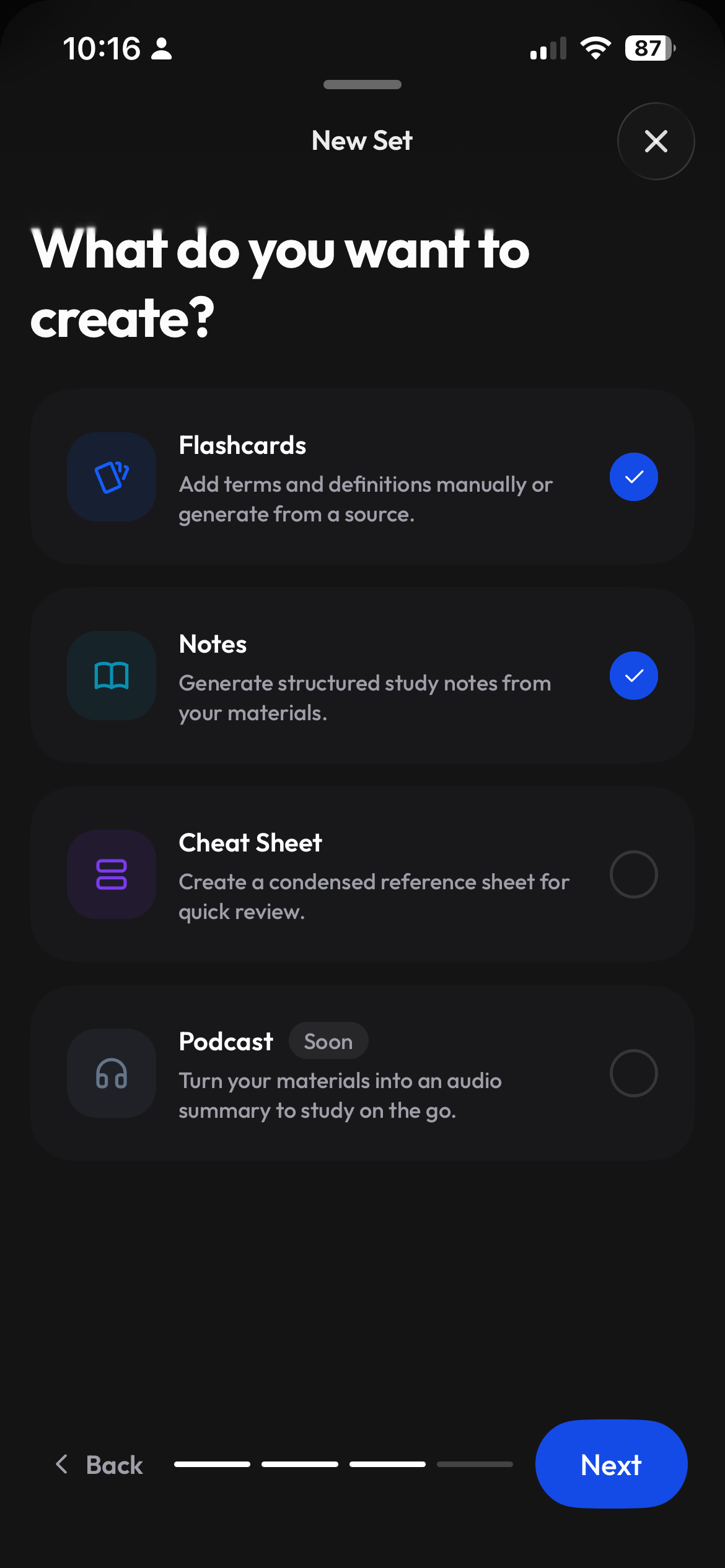 Choosing flashcards or notes as an output in Clevaly